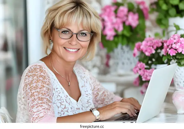 Smiling Woman Working On Laptop In Floral Setting