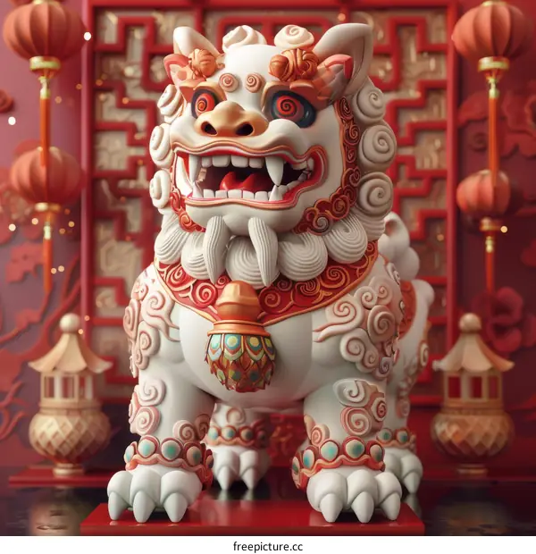 3D Rendering of Chinese Lion Statue in Red and Gold Tones