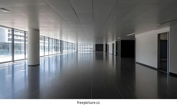 Empty Modern Office Space with Large Windows and Black Floor