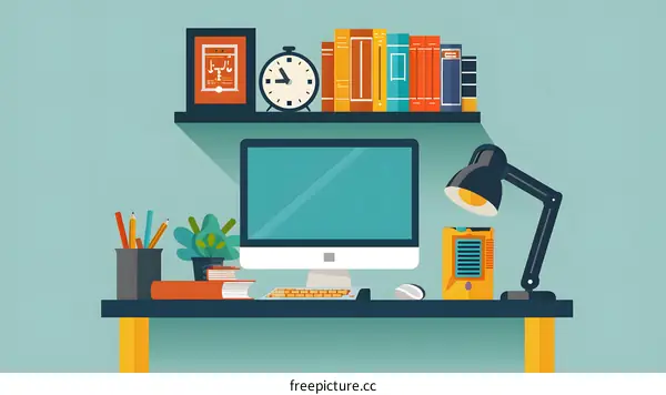 Flat Style Illustration of a Home Office Desk