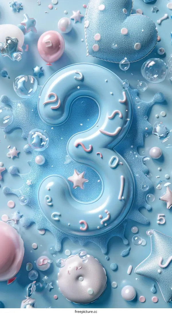 Blue 3D number three with stars, hearts, and bubbles