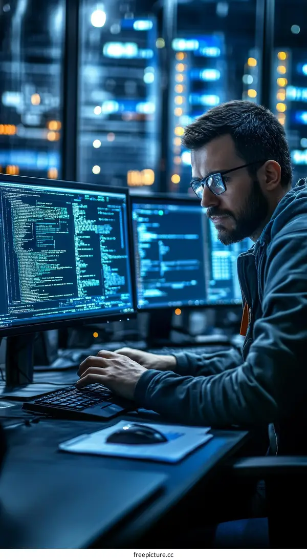 Focused Programmer in a Server Room