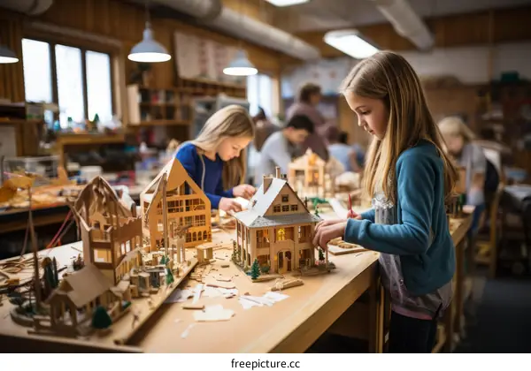 Two young girls building a model house out of wood in a workshop