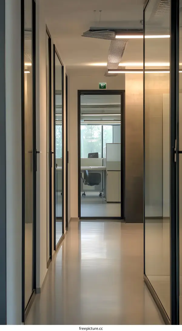 Modern Office Corridor with Glass Doors and Windows