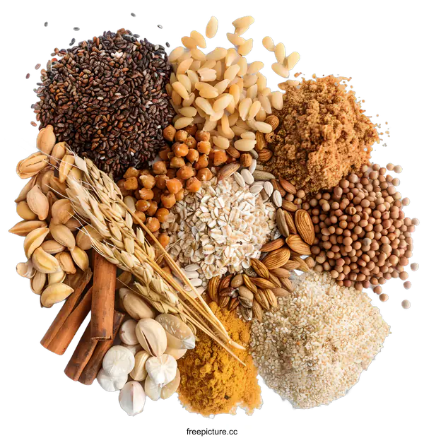 [Transparent Background PNG]Variety of Grains, Seeds, and Spices on White Background