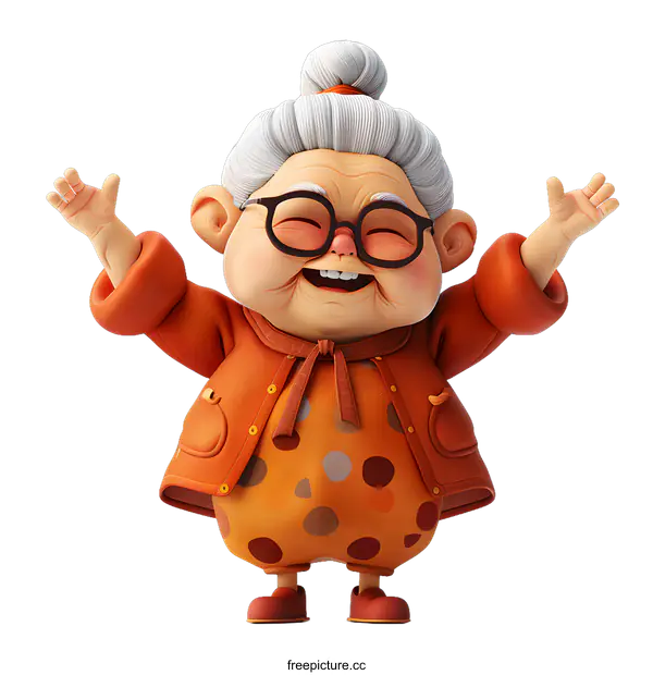 [Transparent Background PNG]A 3D rendering of a grandmother with her arms outstretched
