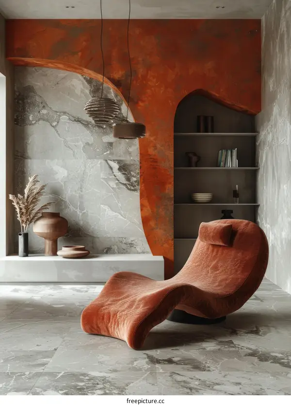 Modern interior design with orange accents and marble wall