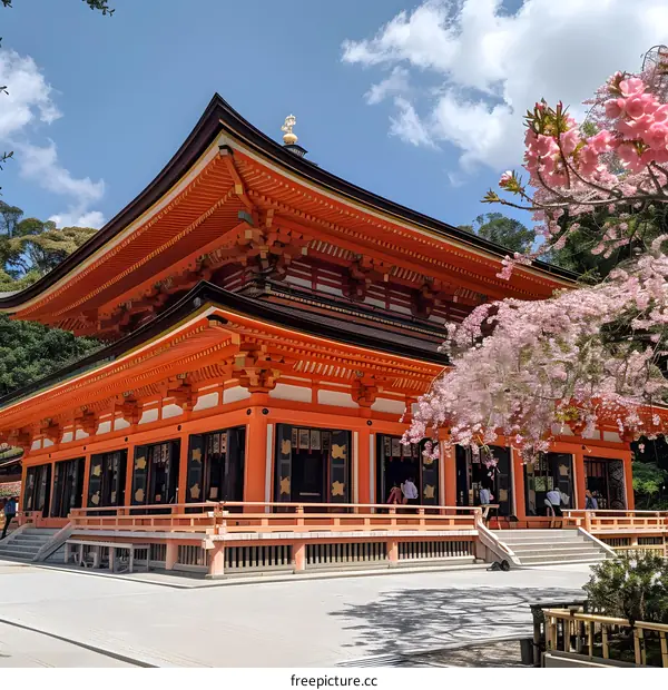 Traditional Japanese Temple with Cherry Blossoms
