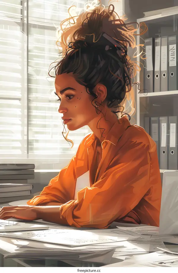 A woman of color is sitting at her desk looking at her computer screen thoughtfully.