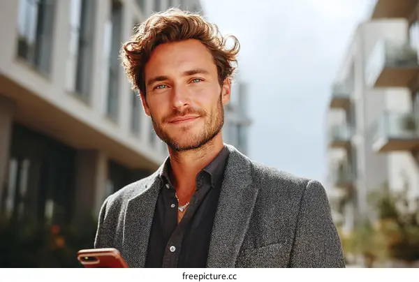 Modern man in casual business attire standing outdoors