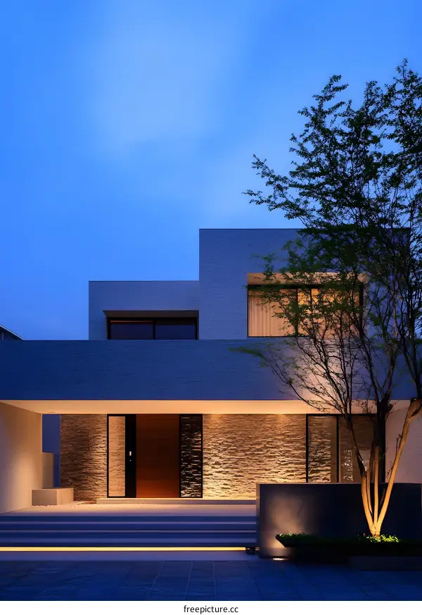 Modern Minimalist House Exterior With Stone Wall and Tree