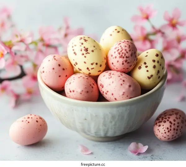 Colorful Chocolate Easter Eggs in Bowl with Pink Flowers