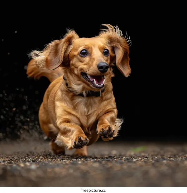 A happy brown dachshund running in the park