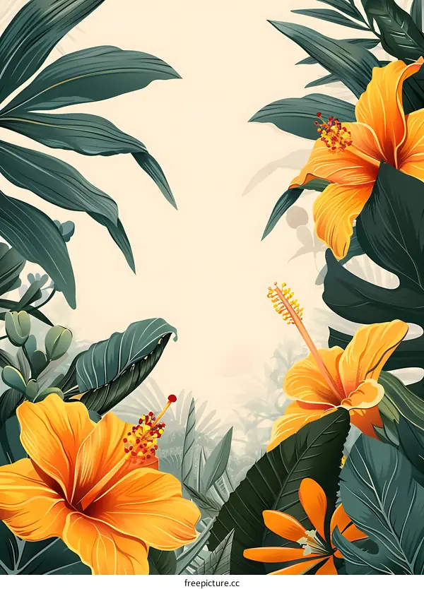 Tropical Floral Frame with Orange Hibiscus