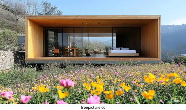 Modern Wooden Cabin with a View of Flowers