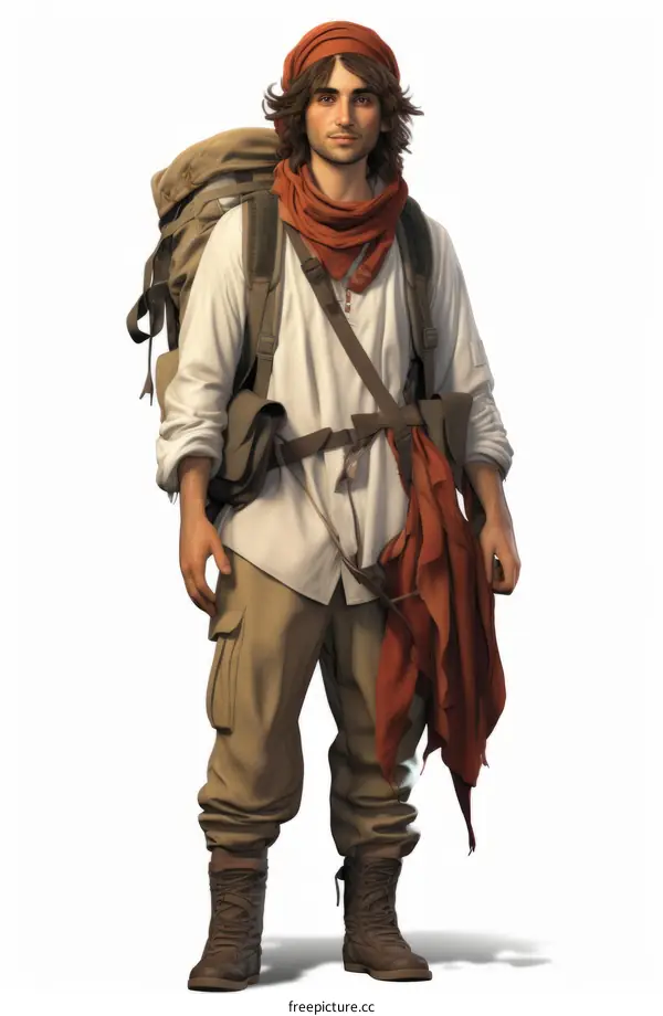 A young man with a backpack is standing in the desert.