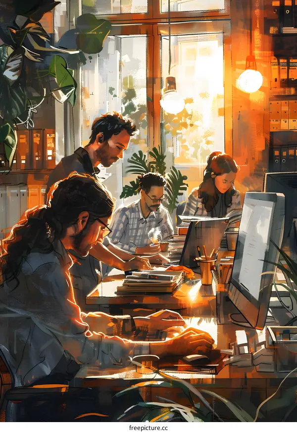 Team of Four Colleagues Working Together in a Bright and Modern Office