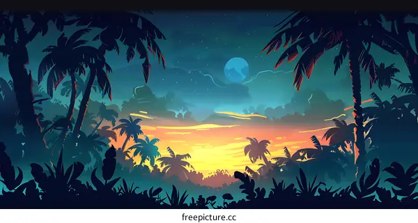 Tropical Sunset in a Jungle Illustration