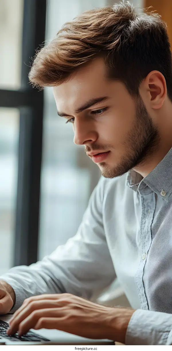 Young Man Working on Laptop in Office
