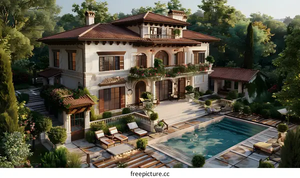 A luxurious mansion with a pool and beautiful garden