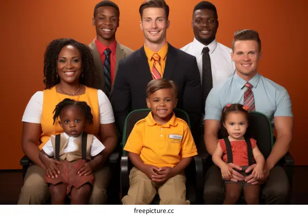 A group of people of different ethnicities are sitting in chairs in front of an orange background. There are two small children and five adults. They are all wearing casual clothes and smiling.