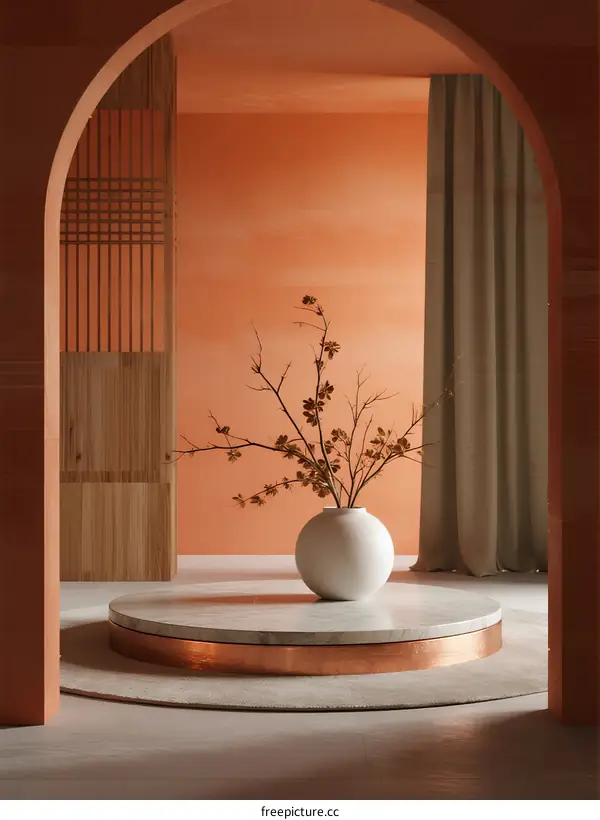 Arched Doorway with Modern Vase and Dried Branches in Orange Room