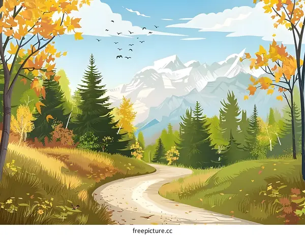 Winding Road Through Forest Landscape With Mountains In Background