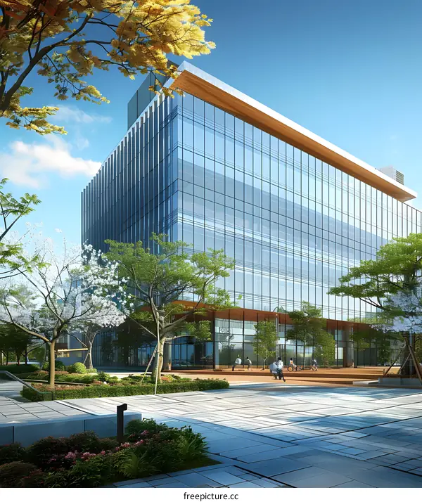 Modern Glass Building with Trees and People