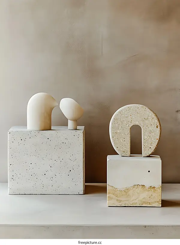 Abstract Concrete Sculptures Displayed Against Beige Wall