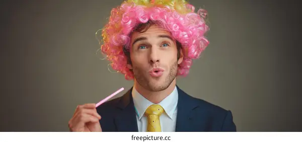 Businessman with Pink Curly Wig and Straw