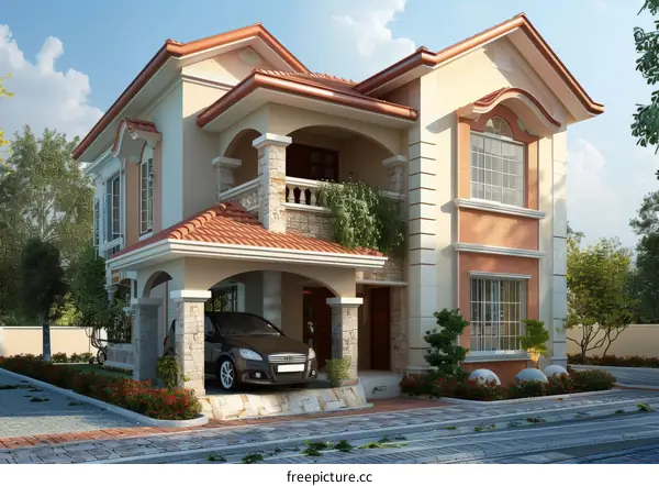 Beautiful Two-Story House Exterior Design Illustration