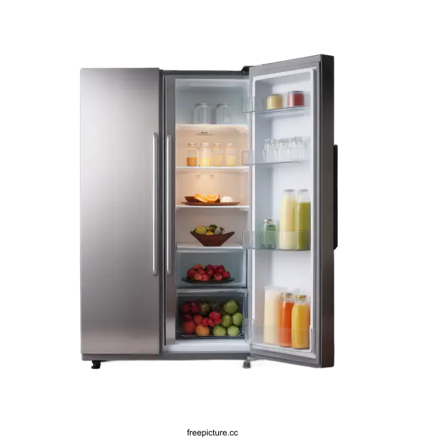[Transparent Background PNG]Modern Stainless Steel Refrigerator with Fresh Produce and Beverages