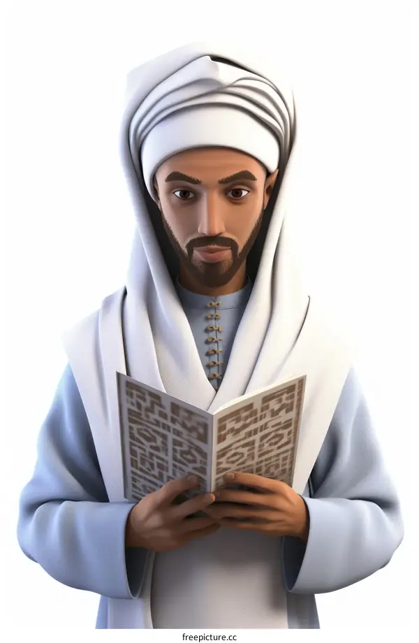 Illustration of a Muslim man wearing a ghutra with a white turban reading the Quran