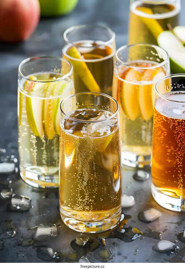 Sparkling Apple Cider with Ice and Apple Slices