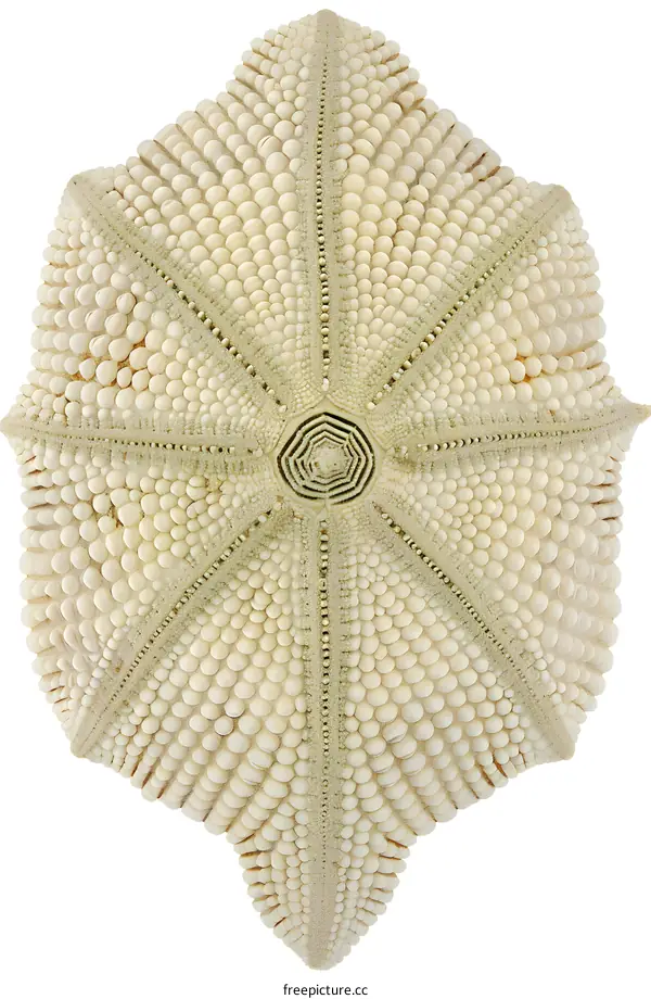 A close up of a white sea urchin shell