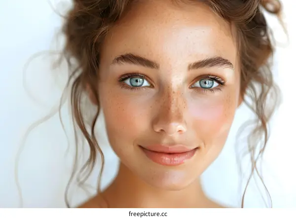 portrait of a beautiful young woman with freckles and blue eyes