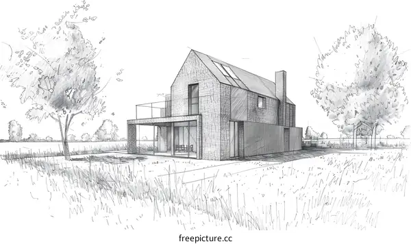 Pencil Sketch of a Modern House