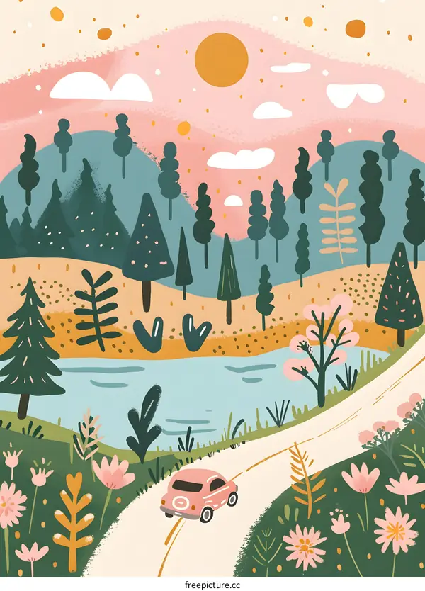 Pink Car Driving Through Spring Forest Landscape