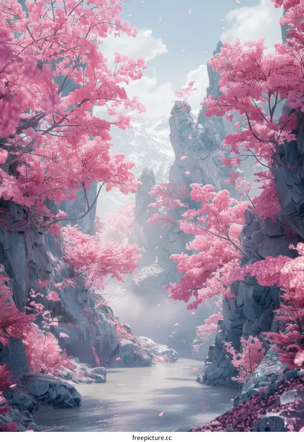 Pink Blossoms Valley: A Misty Mountain Landscape