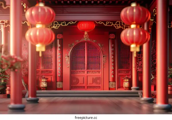 Traditional Chinese Courtyard with Red Lanterns