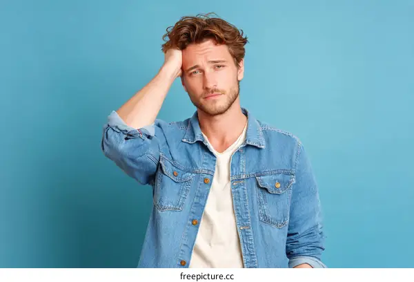 Stressed Young Caucasian Man in Denim Jacket
