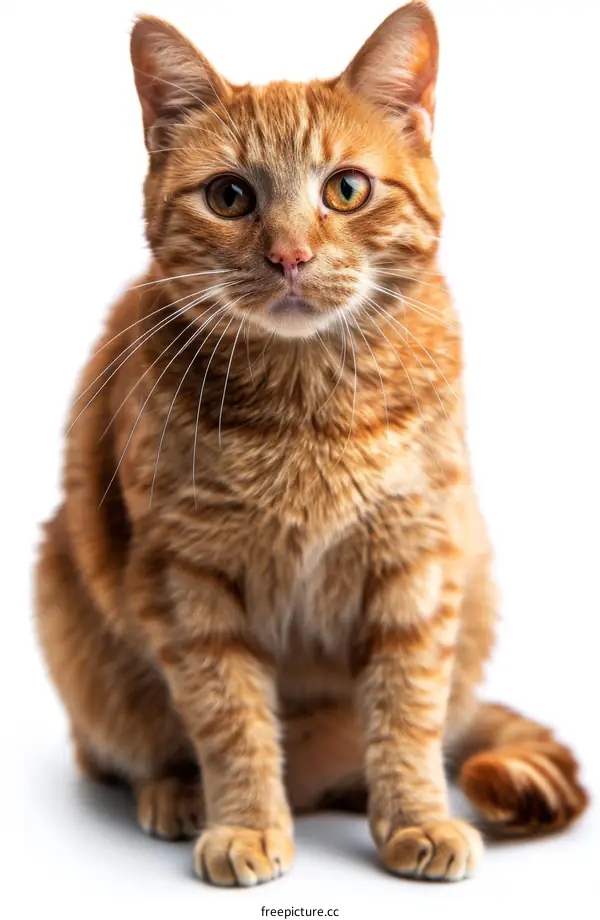 A ginger cat is sitting on a white background