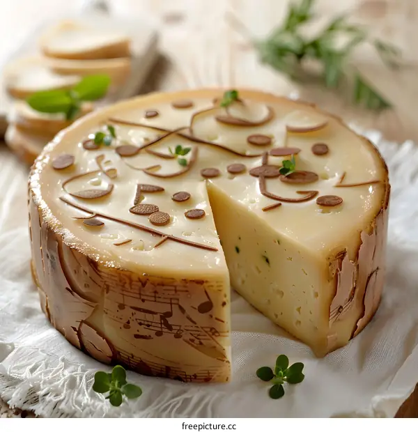 Close-up of a wheel of cheese with musical notes imprinted on the rind