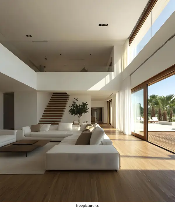 Modern Minimalist Living Room Interior Design with White Sofa and Wooden Floor