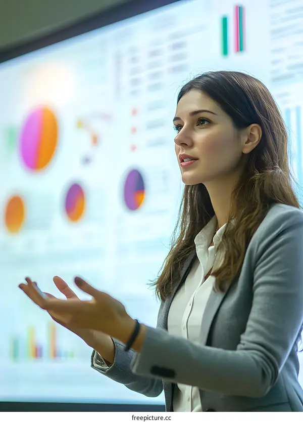 Businesswoman Giving Presentation with Charts and Graphs