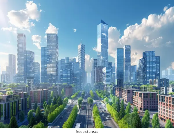 Modern Cityscape with Tall Buildings and Busy Streets