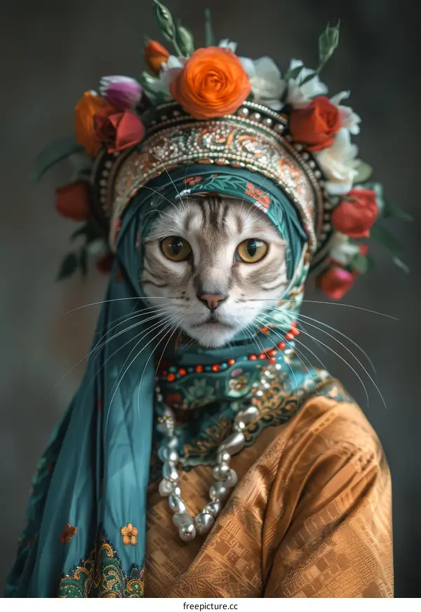 A cat wearing a traditional Russian headdress