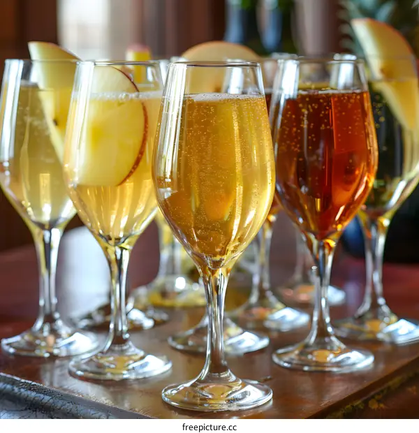 Closeup of Glasses with Sparkling Wine and Apple Slices