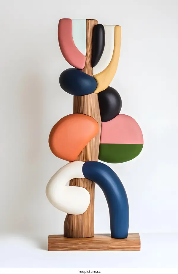 Abstract Colorful Wooden Sculpture on White Background