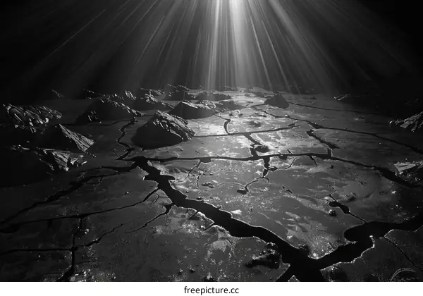 Black and white abstract cracked earth with light rays from above